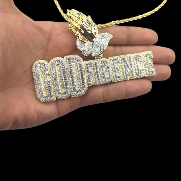 14K Bi-Color Gold Finish Godfidence & Free 24" x 3mm Rope Chain - Picture 4 of 7